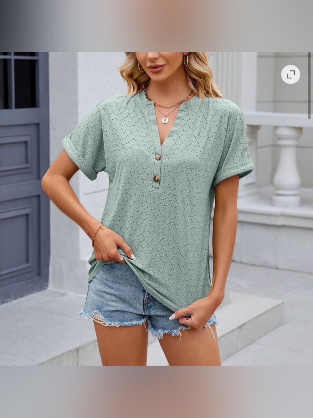 Lightweight Sage Green Eyelet Henley Top Size 3XL (1442)